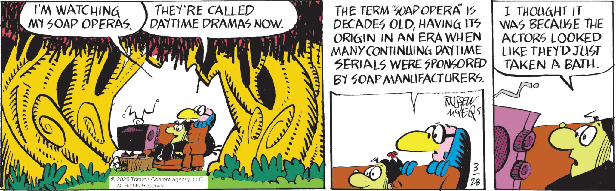 Comic book OCR: I'M WATCHING MY SOAP OPERAS. THEY'RE CALLED DAYTIME DRAMAS NOW. THE TERM "SOAP OPERA" IS DECADES OLDHAVING ITS ORIGIN IN AN ERA WHEN MANY CONTINUING DAYTIME SERIALS WERE SPONSORED BY SOAP MANUFACTURERS. TUSSEN MYERS I THOUGHT IT WAS BECAUSE THE ACTORS LOOKED LIKE THEY'D JUST TAKEN A BATH. 2025 Tribune Content AgencyLLC All Rights Reserveri 28 I'M WATCHING MY SOAP OPERAS . THEY'RE CALLED DAYTIME DRAMAS NOW . THE TERM " SOAP OPERA " IS DECADES OLDHAVING ITS ORIGIN IN AN ERA WHEN MANY CONTINUING DAYTIME SERIALS WERE SPONSORED BY SOAP MANUFACTURERS . TUSSEN MYERS I THOUGHT IT WAS BECAUSE THE ACTORS LOOKED LIKE THEY'D JUST TAKEN A BATH . 2025 Tribune Content AgencyLLC All Rights Reserveri 28