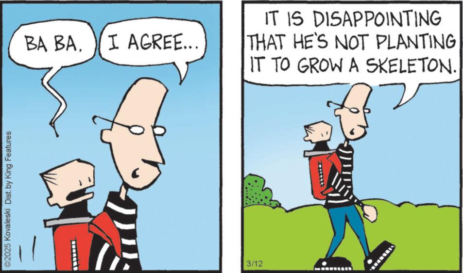 Humour OCR: ©2025 Kovaleski Dist. by King Features BA BA. I AGREE... IT IS DISAPPOINTING THAT HE'S NOT PLANTING IT TO GROW A SKELETON. 3/12 © 2025 Kovaleski Dist . by King Features BA BA . I AGREE ... IT IS DISAPPOINTING THAT HE'S NOT PLANTING IT TO GROW A SKELETON . 3/12