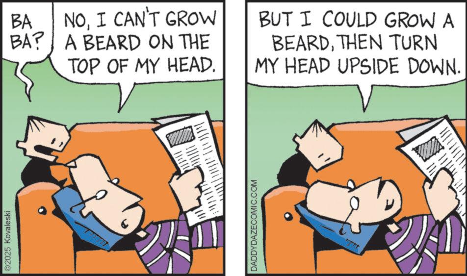 Animation OCR: ©2025 Kovaleski BA NOI CAN'T GROW BA? A BEARD ON THE TOP OF MY HEAD. BUT I COULD GROW A BEARDTHEN TURN MY HEAD UPSIDE DOWN. DADDYDAZECOMIC.COM © 2025 Kovaleski BA NOI CAN'T GROW BA ? A BEARD ON THE TOP OF MY HEAD . BUT I COULD GROW A BEARDTHEN TURN MY HEAD UPSIDE DOWN . DADDYDAZECOMIC.COM