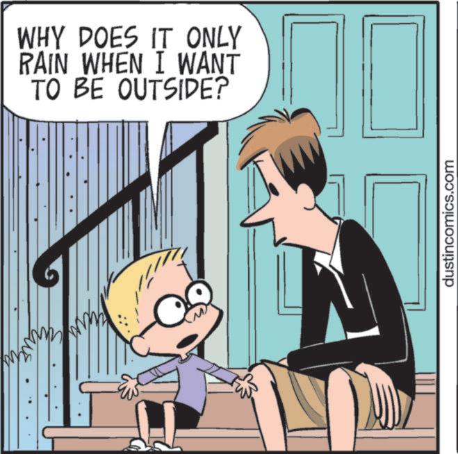 Photo caption OCR: WHY DOES IT ONLY RAIN WHEN I WANT TO BE OUTSIDE? dustincomics.com WHY DOES IT ONLY RAIN WHEN I WANT TO BE OUTSIDE ? dustincomics.com