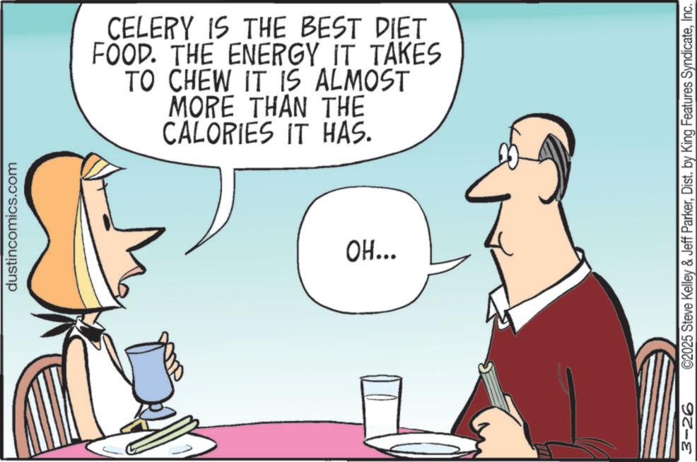 Animated cartoon OCR: dustincomics.com CELERY IS THE BEST DIET FOOD. THE ENERGY IT TAKES TO CHEW IT IS ALMOST MORE THAN THE CALORIES IT HAS. OH... 3-26 ©2025 Steve Kelley & Jeff ParkerInc. dustincomics.com CELERY IS THE BEST DIET FOOD . THE ENERGY IT TAKES TO CHEW IT IS ALMOST MORE THAN THE CALORIES IT HAS . OH ... 3-26 © 2025 Steve Kelley & Jeff ParkerDist . by King Features Syndicate