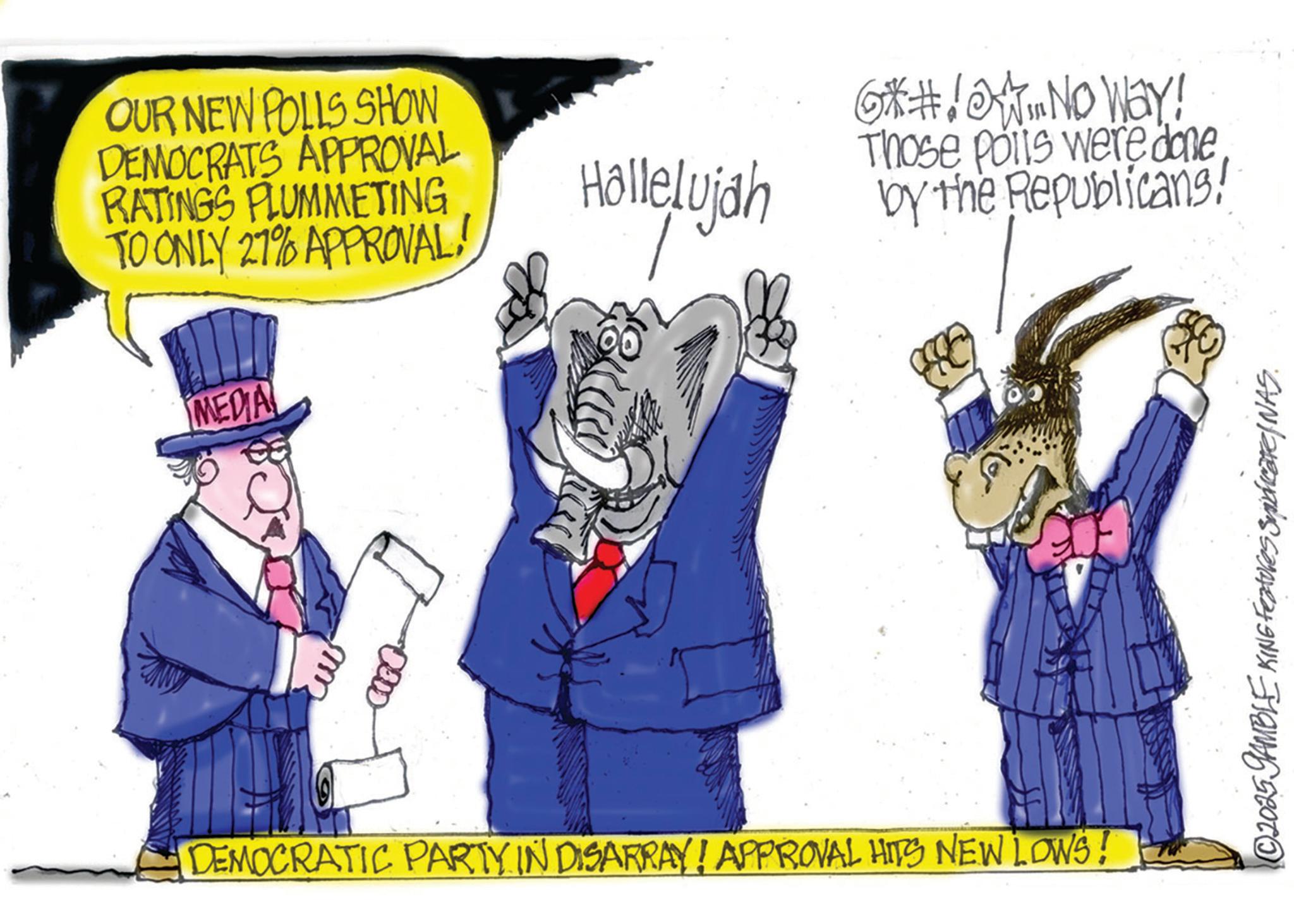 Fictional character OCR: OUR NEW POLLS SHOW DEMOCRATS APPROVAL RATINGS PLUMMETING TO ONLY 27% APPROVAL MEDIA 0000 m Hallelujah G*#!* No Way! Those poils were done by the Republicans! DEMOCRATIC PARTY IN DISARRAY! APPROVAL HITS NEW LOWS! © 2025 GAMBLE KING Features Suplicate/NAS. OUR NEW POLLS SHOW DEMOCRATS APPROVAL RATINGS PLUMMETING TO ONLY 27 % APPROVAL MEDIA 0000 m Hallelujah G * # ! * No Way ! Those poils were done by the Republicans ! DEMOCRATIC PARTY IN DISARRAY ! APPROVAL HITS NEW LOWS ! © 2025 GAMBLE KING Features Suplicate / NAS .
