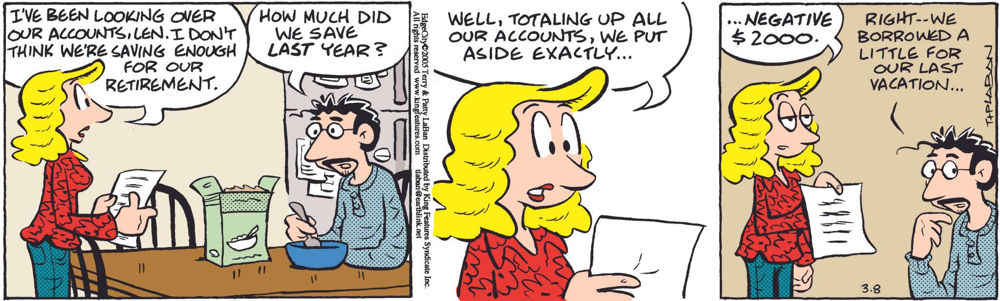 Comic book OCR: I'VE BEEN LOOKING OVER OUR ACCOUNTSLEN. I DON'T THINK WE'RE SAVING ENOUGH FOR OUR RETIREMENT. HOW MUCH DID WE SAVE LAST YEAR? 11 All rights reserved www.kingfeatures.com tlaban@earthlink.net EdgeCity 2005 Terry & Patty LaBan Distributed by King Features Syndicate Inc. WELLTOTALING UP ALL OUR ACCOUNTSWE PUT ASIDE EXACTLY... ... NEGATIVE $2000. RIGHT--WE BORROWED A LITTLE FOR OUR LAST VACATION... 3.8 T+PLABAN I'VE BEEN LOOKING OVER OUR ACCOUNTSLEN . I DON'T THINK WE'RE SAVING ENOUGH FOR OUR RETIREMENT . HOW MUCH DID WE SAVE LAST YEAR ? 11 All rights reserved www.kingfeatures.com tlaban@earthlink.net EdgeCity 2005 Terry & Patty LaBan Distributed by King Features Syndicate Inc. WELLTOTALING UP ALL OUR ACCOUNTSWE PUT ASIDE EXACTLY ... ... NEGATIVE $ 2000 . RIGHT -- WE BORROWED A LITTLE FOR OUR LAST VACATION ... 3.8 T + PLABAN