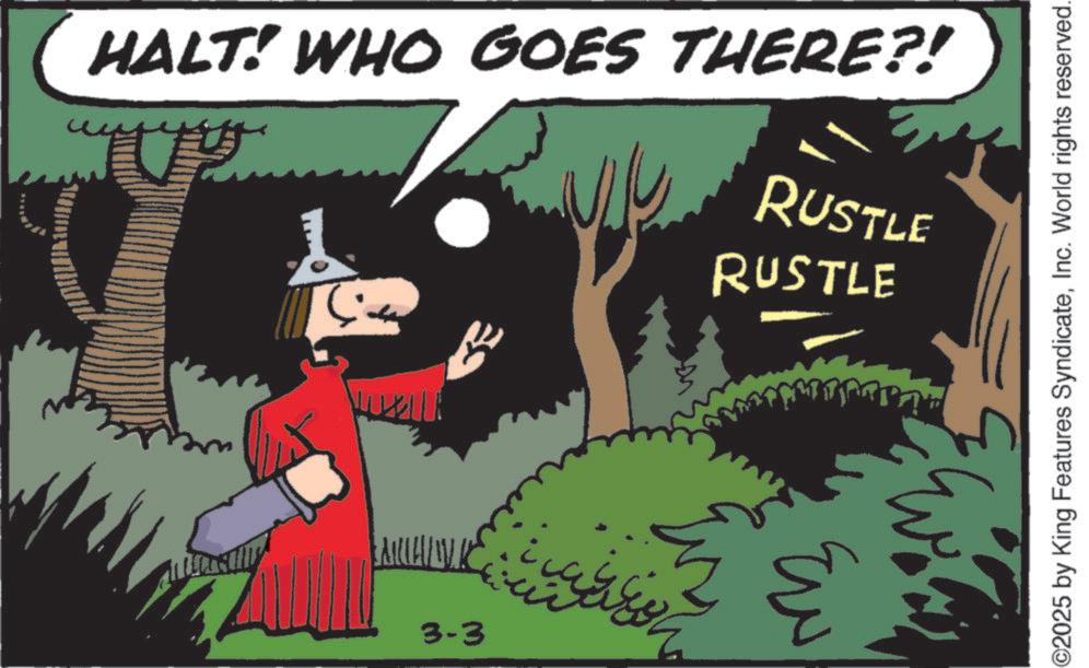 Photo caption OCR: HALT! WHO GOES THERE?! RUSTLE RUSTLE 3-3 Eu ©2025 by King Features SyndicateInc. World rights reserved. HALT ! WHO GOES THERE ?! RUSTLE RUSTLE 3-3 Eu © 2025 by King Features SyndicateInc. World rights reserved .