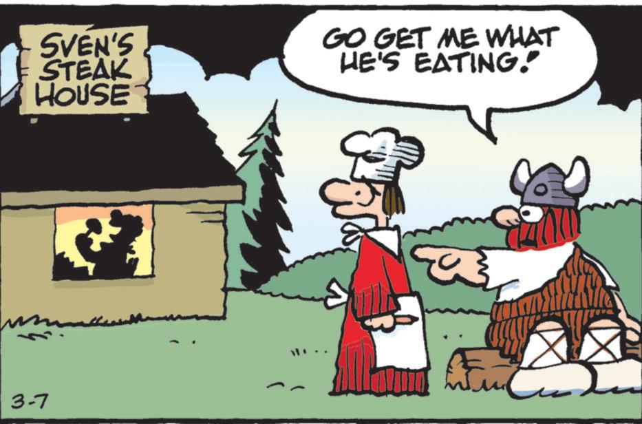 Graphics OCR: SVEN'S STEAK HOUSE 3-7 GO GET ME WHAT HE'S EATING." SVEN'S STEAK HOUSE 3-7 GO GET ME WHAT HE'S EATING . "
