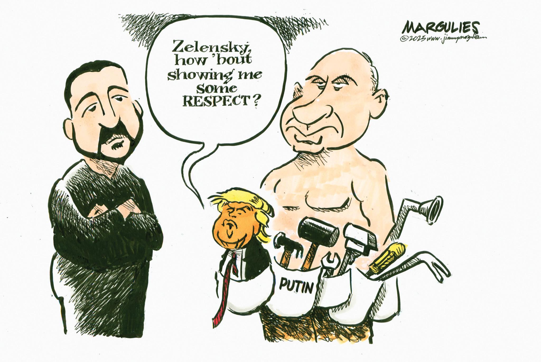 Animated cartoon OCR: Zelenskyhow 'bout showing me some RESPECT? MARGULIES © 2023 www.jimmygulam PUTIN Zelenskyhow ' bout showing me some RESPECT ? MARGULIES © 2023 www.jimmygulam PUTIN