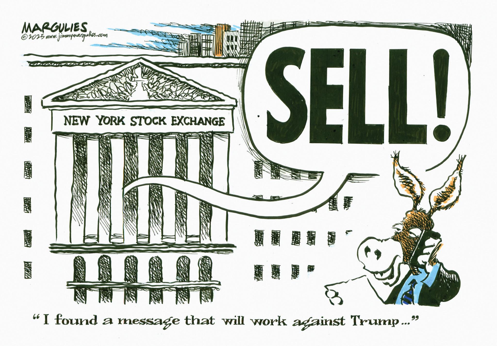 Graphics OCR: MARGULIES 2025 www.jimmymargulies.com NEW YORK STOCK EXCHANGE SELL! "I found a message that will work against Trump..." MARGULIES 2025 www.jimmymargulies.com NEW YORK STOCK EXCHANGE SELL ! " I found a message that will work against Trump ... "