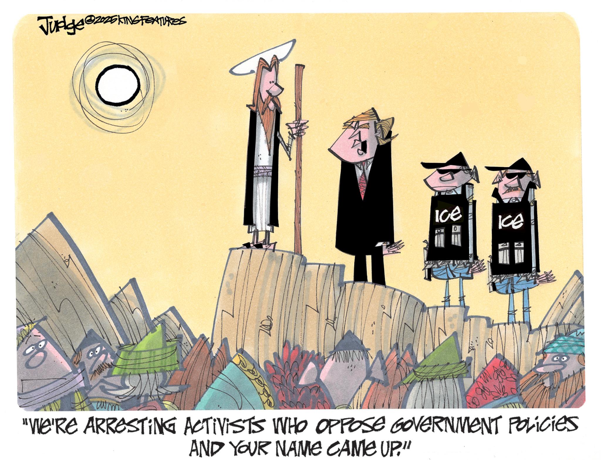 Graphic design OCR: Judge@2025KING FEATURES ?? www 10e ?? "WE'RE ARRESTING ACTIVISTS WHO OPPOSE GOVERNMENT POLICIES AND YOUR NAME CAME UP.” Judge @ 2025KING FEATURES ?? www 10e ?? " WE'RE ARRESTING ACTIVISTS WHO OPPOSE GOVERNMENT POLICIES AND YOUR NAME CAME UP . ”