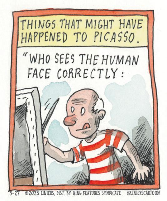 Child art OCR: THINGS THAT MIGHT HAVE HAPPENED TO PICASSO. "WHO SEES THE HUMAN FACE CORRECTLY: 3-27 2025 LINIERSDIST. BY KING FEATURES SYNDICATE @LINIERSCARTOON THINGS THAT MIGHT HAVE HAPPENED TO PICASSO . " WHO SEES THE HUMAN FACE CORRECTLY : 3-27 2025 LINIERSDIST . BY KING FEATURES SYNDICATE @LINIERSCARTOON