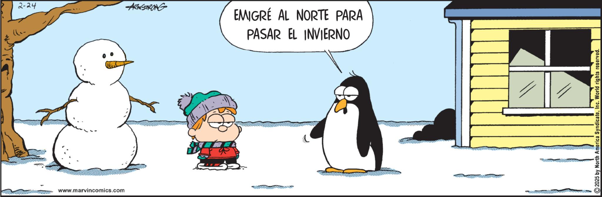 Photo caption OCR: 2-24 ARMSTRONG www.marvincomics.com EMIGRÉ AL NORTE PARA PASAR EL INVIERNO 2025 by North America SyndicateInc. World rights reserved. 2-24 ARMSTRONG www.marvincomics.com EMIGRÉ AL NORTE PARA PASAR EL INVIERNO 2025 by North America SyndicateInc. World rights reserved .