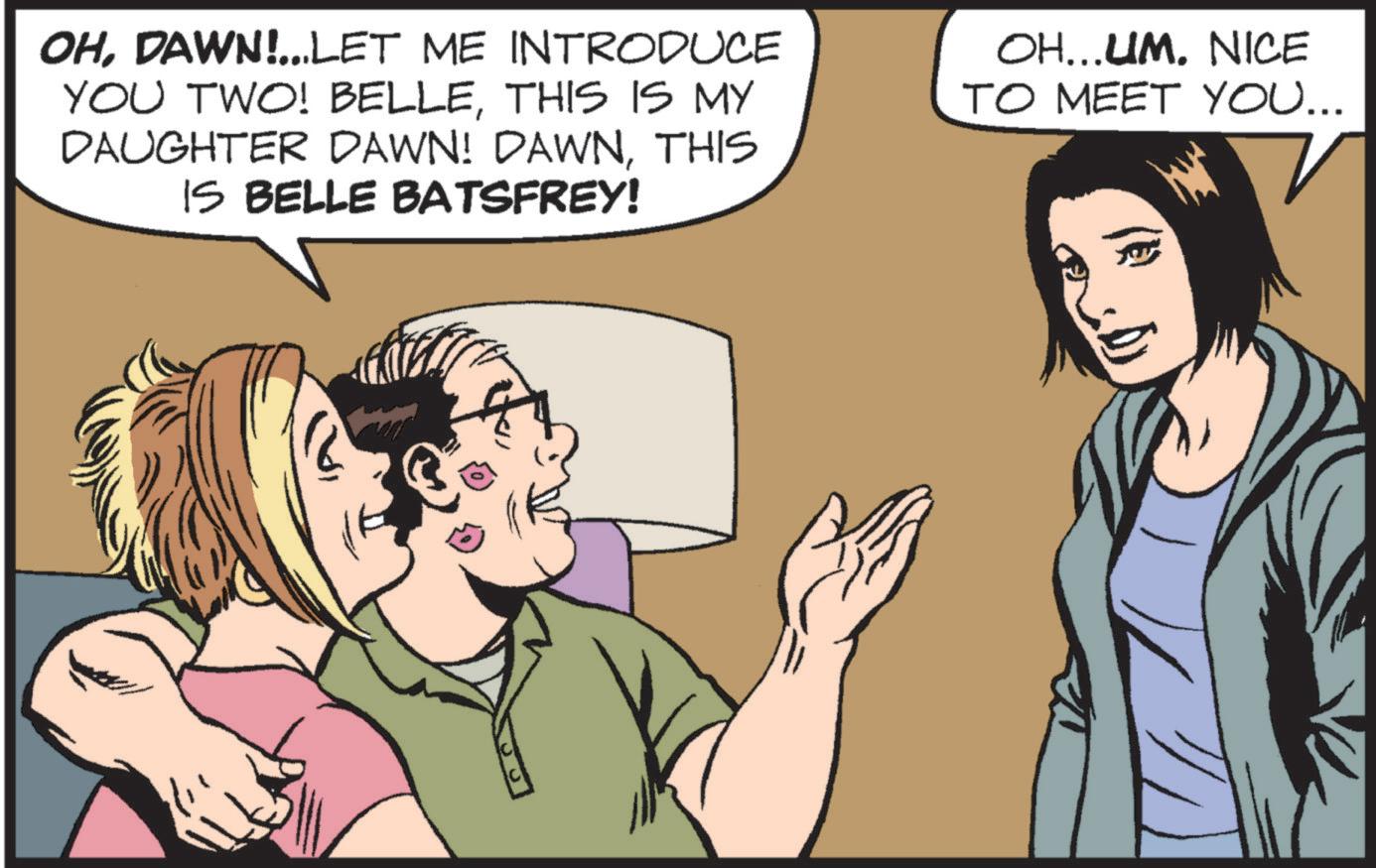Animated cartoon OCR: OHDAWN!...LET ME INTRODUCE YOU TWO! BELLETHIS IS MY DAUGHTER DAWN! DAWNTHIS IS BELLE BATSFREY! OH...UM. NICE TO MEET YOU... OHDAWN ! ... LET ME INTRODUCE YOU TWO ! BELLETHIS IS MY DAUGHTER DAWN ! DAWNTHIS IS BELLE BATSFREY ! OH ... UM . NICE TO MEET YOU ...