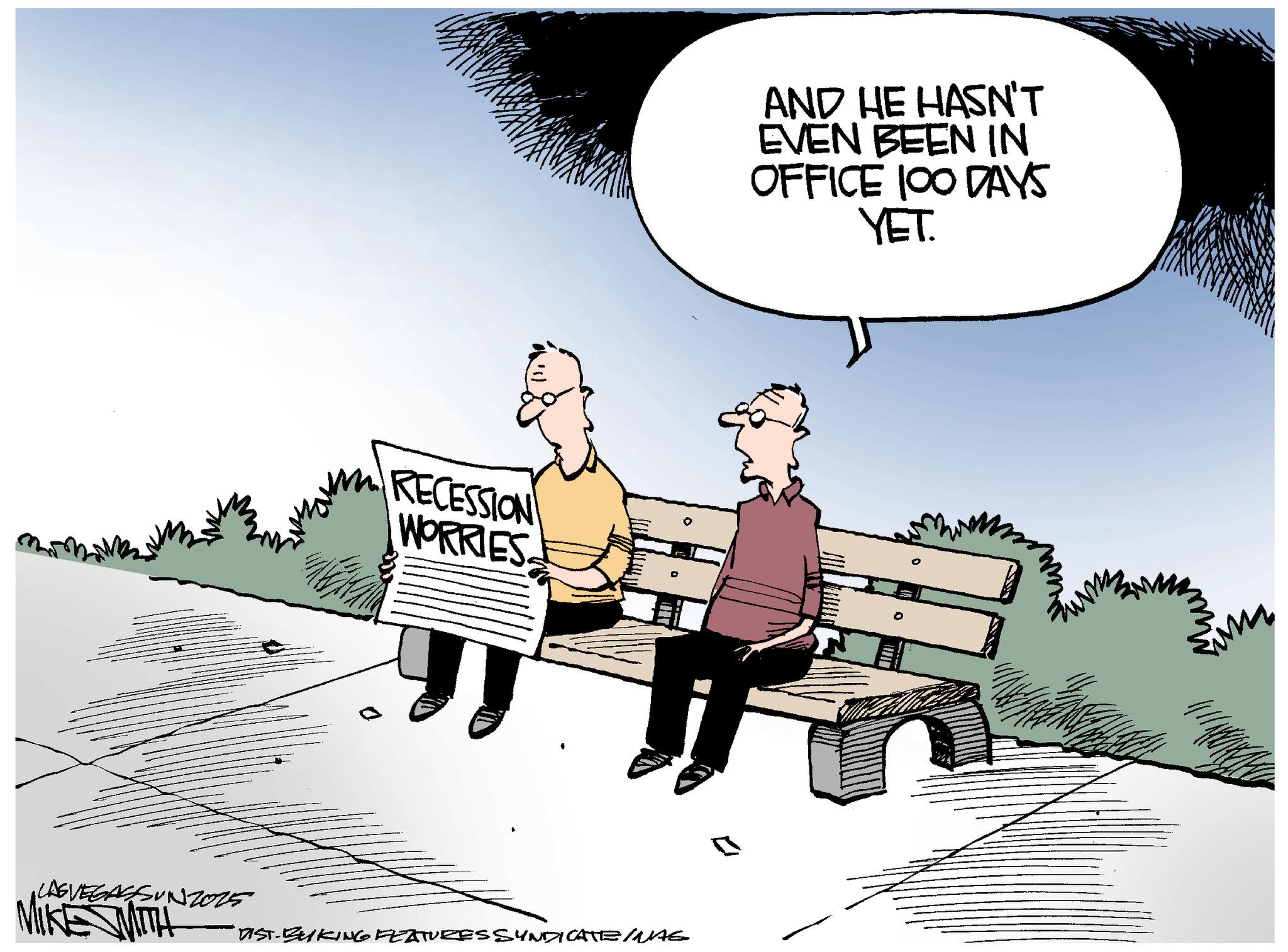 Photo caption OCR: RECESSION WORRIES •LASVEGASSUN2025 MIKE WITH DIST. BUKING FEATURES SYNDICATE/NAS AND HE HASN'T EVEN BEEN IN OFFICE 100 DAYS YET. RECESSION WORRIES • LASVEGASSUN2025 MIKE WITH DIST . BUKING FEATURES SYNDICATE / NAS AND HE HASN'T EVEN BEEN IN OFFICE 100 DAYS YET .
