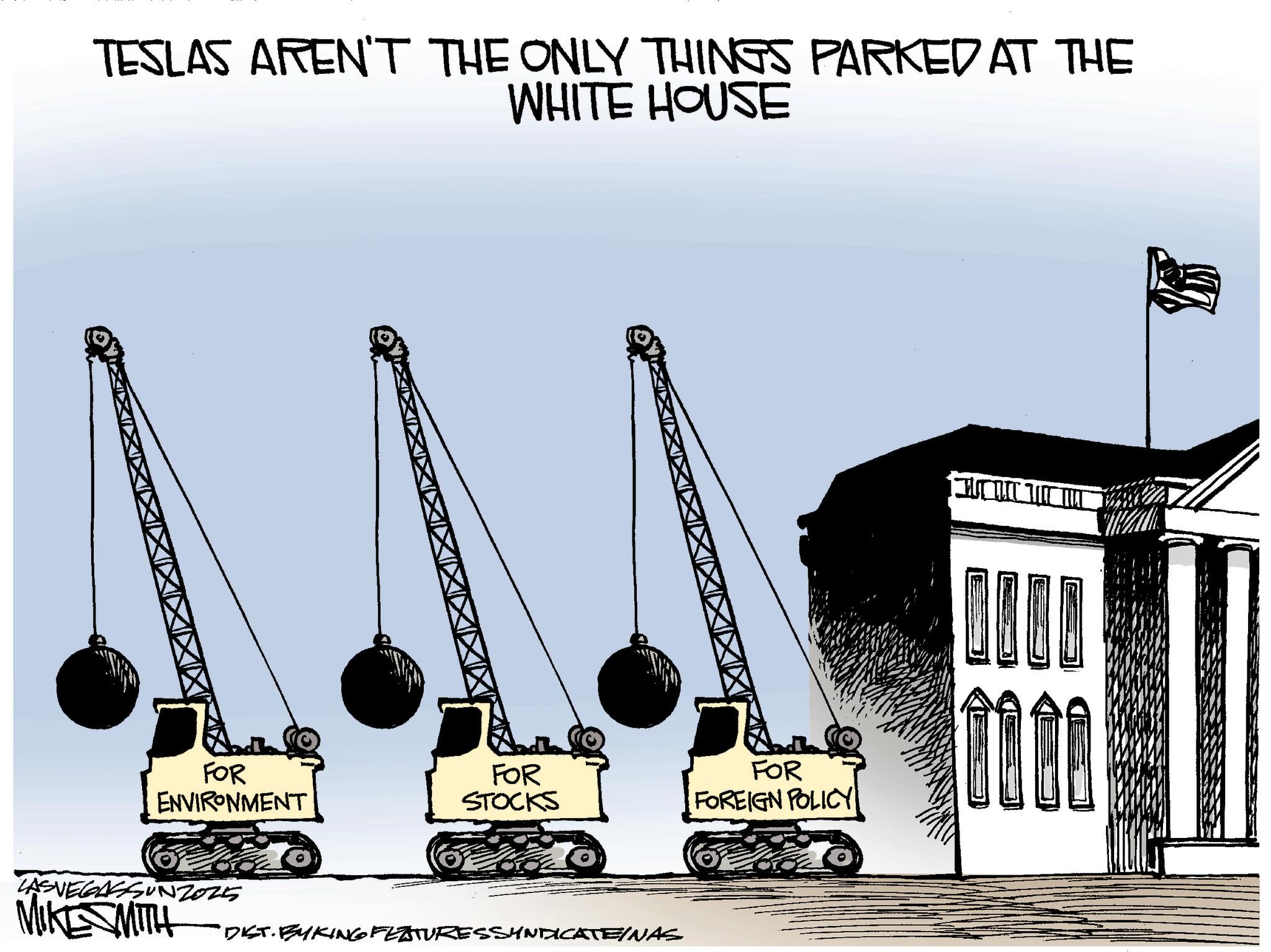 Graphics OCR: TESLAS AREN'T THE ONLY THINGS PARKED AT THE WHITE HOUSE FOR ENVIRONMENT FOR STOCKS FOR FOREIGN POLICY LASVEGASSUNZ025 MIKESMITH DIST. BYKING FEATURES SYNDICATE/NAS ELLE TESLAS AREN'T THE ONLY THINGS PARKED AT THE WHITE HOUSE FOR ENVIRONMENT FOR STOCKS FOR FOREIGN POLICY LASVEGASSUNZ025 MIKESMITH DIST . BYKING FEATURES SYNDICATE / NAS ELLE