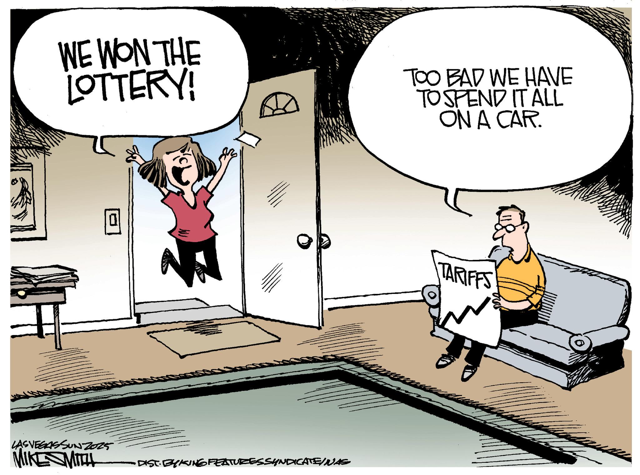 Photo caption OCR: WE WON THE LOTTERY! TOO BAD WE HAVE TO SPEND IT ALL ON A CAR. LAS VEGASSUNZ025 MIKE SMITH DIST. BYKING FEATURES SYNDICATE/NAS TARIFFS WE WON THE LOTTERY ! TOO BAD WE HAVE TO SPEND IT ALL ON A CAR . LAS VEGASSUNZ025 MIKE SMITH DIST . BYKING FEATURES SYNDICATE / NAS TARIFFS