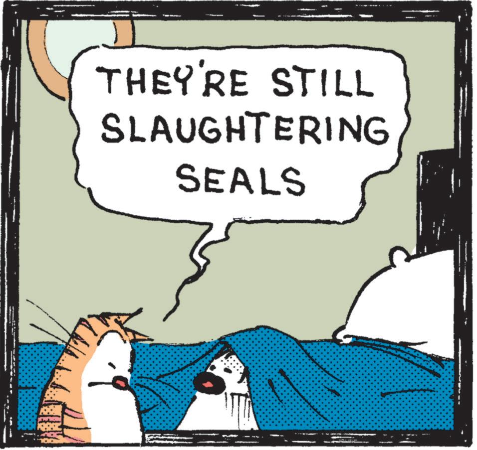 Animated cartoon OCR: THEY'RE STILL SLAUGHTERING SEALS THEY'RE STILL SLAUGHTERING SEALS