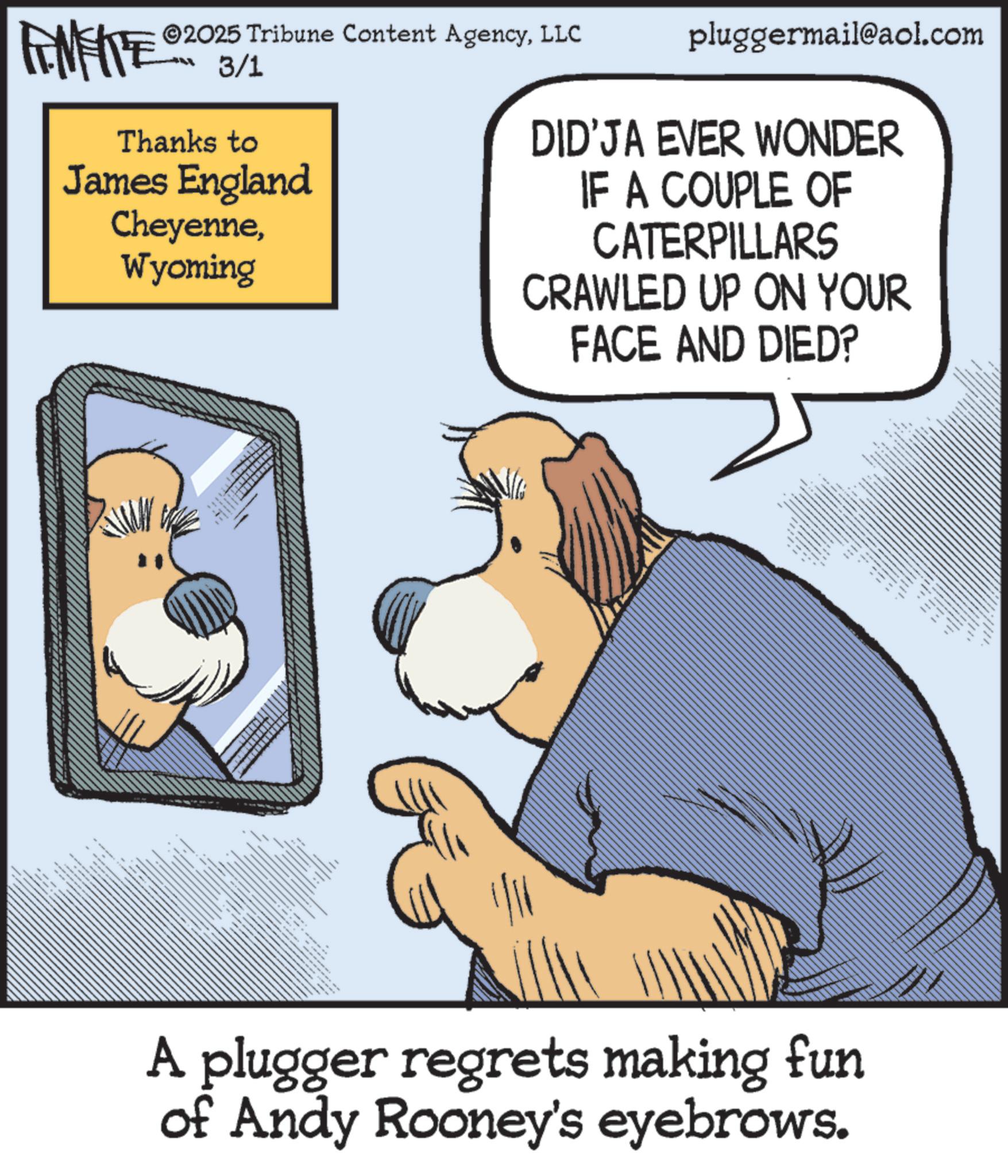 Fictional character OCR: FENFITE 2025 Tribune Content AgencyLLC 3/1 Thanks to James England CheyenneWyoming ttttttttttt pluggermail@aol.com DID'JA EVER WONDER IF A COUPLE OF CATERPILLARS CRAWLED UP ON YOUR FACE AND DIED? A plugger regrets making fun of Andy Rooney's eyebrows. FENFITE 2025 Tribune Content AgencyLLC 3/1 Thanks to James England CheyenneWyoming ttttttttttt pluggermail@aol.com DID'JA EVER WONDER IF A COUPLE OF CATERPILLARS CRAWLED UP ON YOUR FACE AND DIED ? A plugger regrets making fun of Andy Rooney's eyebrows .