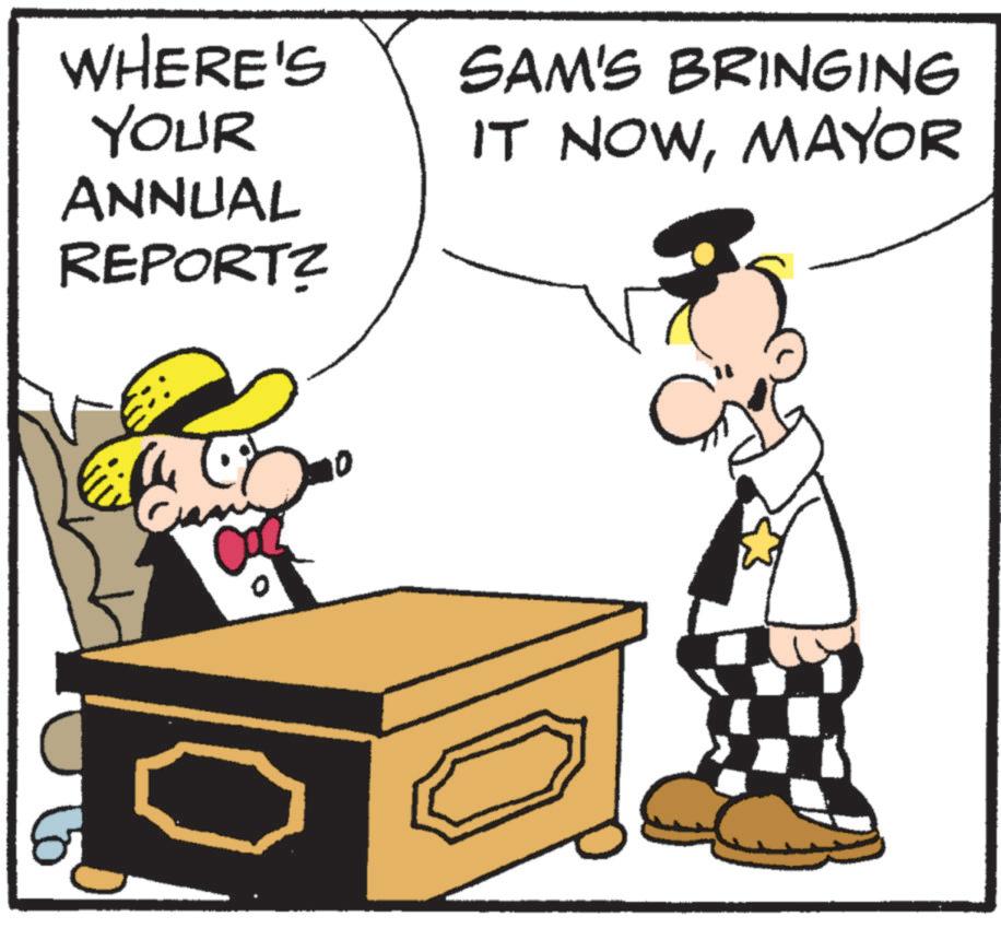 Animated cartoon OCR: WHERE'S YOUR SAM'S BRINGING IT NOWMAYOR ANNUAL REPORT? WHERE'S YOUR SAM'S BRINGING IT NOWMAYOR ANNUAL REPORT ?