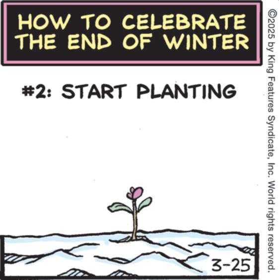 Plant stem OCR: HOW TO CELEBRATE THE END OF WINTER #2: START PLANTING ©2025 by King Features SyndicateInc. World rights reserved. 3-25 HOW TO CELEBRATE THE END OF WINTER # 2 : START PLANTING © 2025 by King Features SyndicateInc. World rights reserved . 3-25