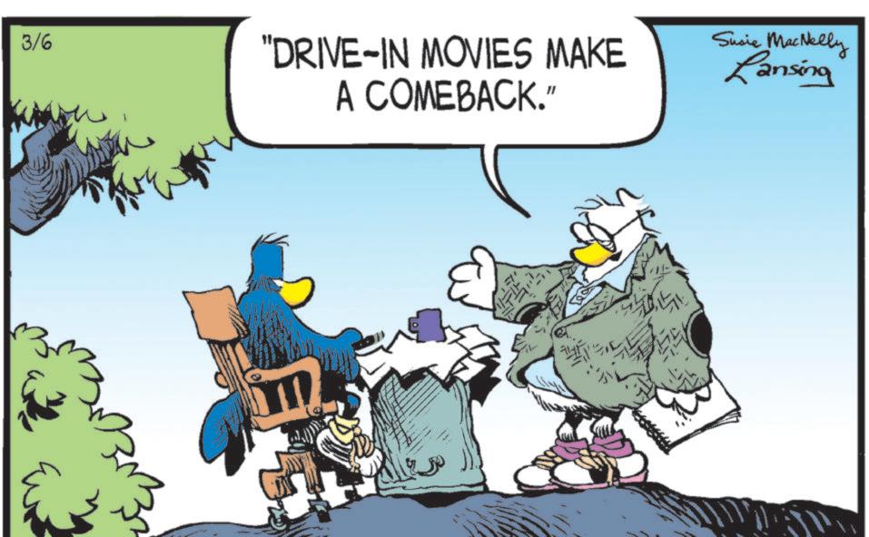 Graphics OCR: 3/6 "DRIVE-IN MOVIES MAKE A COMEBACK." Susie MacNelly Lansing ?? ALI 3/6 " DRIVE - IN MOVIES MAKE A COMEBACK . " Susie MacNelly Lansing ?? ALI