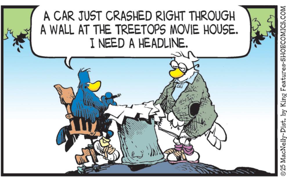 Graphics OCR: A CAR JUST CRASHED RIGHT THROUGH A WALL AT THE TREETOPS MOVIE HOUSE. I NEED A HEADLINE. ©25 MacNelly-Dist. by King Features-SHOECOMICS.COM A CAR JUST CRASHED RIGHT THROUGH A WALL AT THE TREETOPS MOVIE HOUSE . I NEED A HEADLINE . © 25 MacNelly - Dist . by King Features-SHOECOMICS.COM