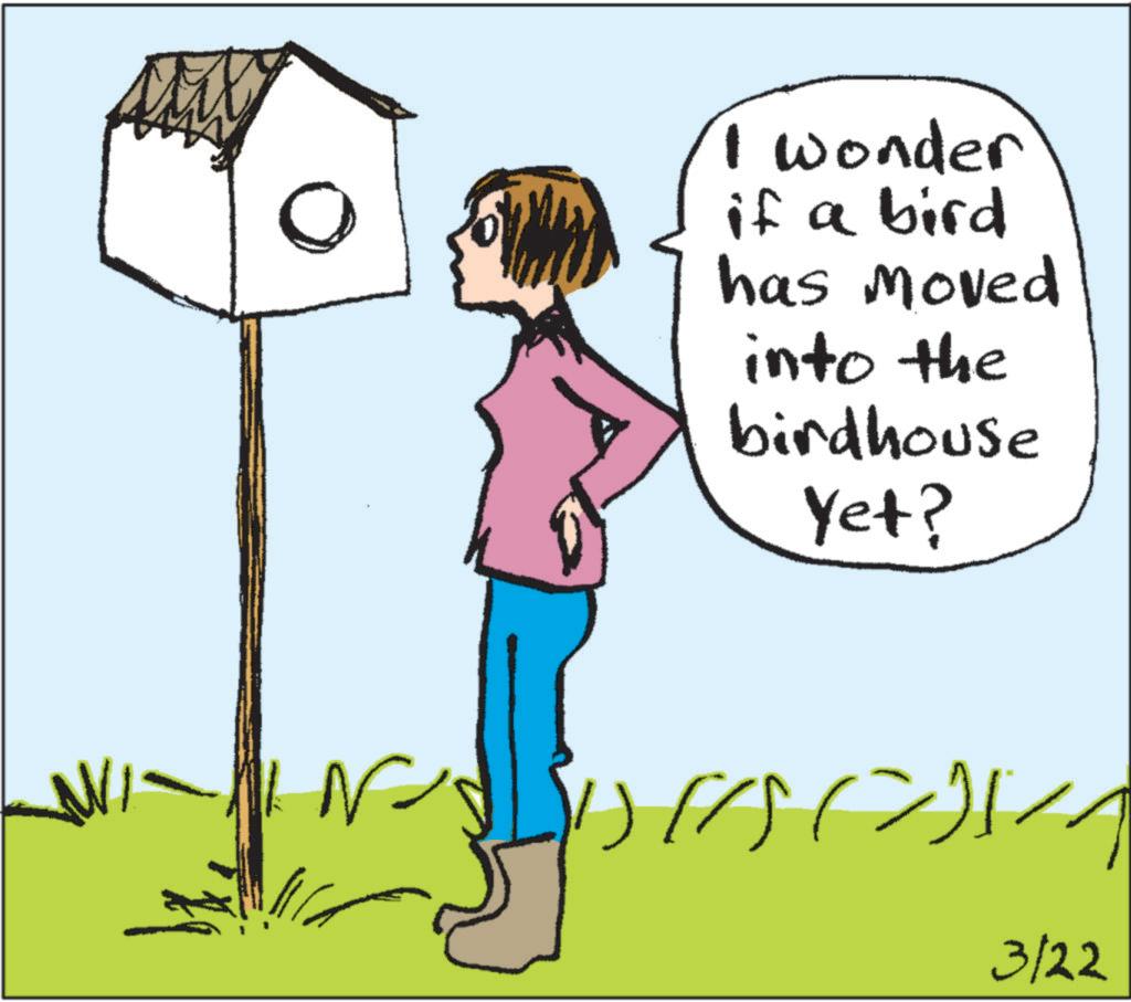 OCR: N I wonder if a bird has moved into the birdhouse Yet? ???? 3/22 N I wonder if a bird has moved into the birdhouse Yet ? ???? 3/22