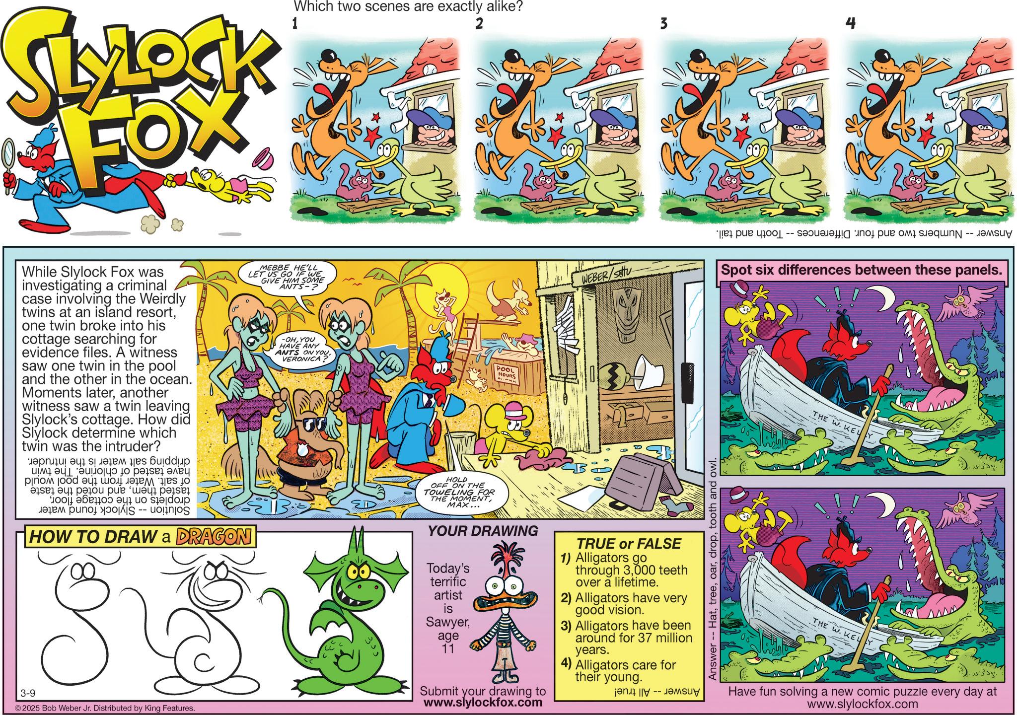 Comic book OCR: SLYLOCK FOX Which two scenes are exactly alike? 1 2 3 While Slylock Fox was investigating a criminal case involving the Weirdly twins at an island resortone twin broke into his cottage searching for evidence files. A witness saw one twin in the pool and the other in the ocean. Moments lateranother witness saw a twin leaving Slylock's cottage. How did Slylock determine which twin was the intruder? ????? ? ????? ??? buddup ????? ?? ???? ???? po po i was a b c d e par ????? ?????? -- MEBBE HE'LL LET US GO IF WE HOW TO DRAW a DRAGON GIVE HIM SOME ANTS-? -OHYOU HAVE ANY ANTS ON YOU VERONICA? B POOL HOURS 3-9 ©2025 Bob Weber Jr. Distributed by King Features. WEBER/SOU Spot six differences between these panels. HOLD OFF ON THE TOWELING FOR THE MOMENTMAX... YOUR DRAWING Today's terrific artist is Sawyerage 11 Submit your drawing to www.slylockfox.com TRUE or FALSE 1) Alligators go through 3000 teeth over a lifetime. 2) Alligators have very good vision. 3) Alligators have been around for 37 million years. 4) Alligators care for their young. Answer -- Hattooth and owl. THE W. KEL ???? THE W. KEL ???? Have fun solving a new comic puzzle every day at www.slylockfox.com SLYLOCK FOX Which two scenes are exactly alike ? 1 2 3 While Slylock Fox was investigating a criminal case involving the Weirdly twins at an island resortone twin broke into his cottage searching for evidence files . A witness saw one twin in the pool and the other in the ocean . Moments lateranother witness saw a twin leaving Slylock's cottage . How did Slylock determine which twin was the intruder ? ????? ? ????? ??? buddup ????? ?? ???? ???? po po i was a b c d e par ????? ?????? -- MEBBE HE'LL LET US GO IF WE HOW TO DRAW a DRAGON GIVE HIM SOME ANTS- ? -OHYOU HAVE ANY ANTS ON YOU VERONICA ? B POOL HOURS 3-9 © 2025 Bob Weber Jr. Distributed by King Features . WEBER / SOU Spot six differences between these panels . HOLD OFF ON THE TOWELING FOR THE MOMENTMAX ... YOUR DRAWING Today's terrific artist is Sawyerage 11 Submit your drawing to www.slylockfox.com TRUE or FALSE 1 ) Alligators go through 3000 teeth over a lifetime . 2 ) Alligators have very good vision . 3 ) Alligators have been around for 37 million years . 4 ) Alligators care for their young . Answer -- Hattooth and owl . THE W. KEL ???? THE W. KEL ???? Have fun solving a new comic puzzle every day at www.slylockfox.com