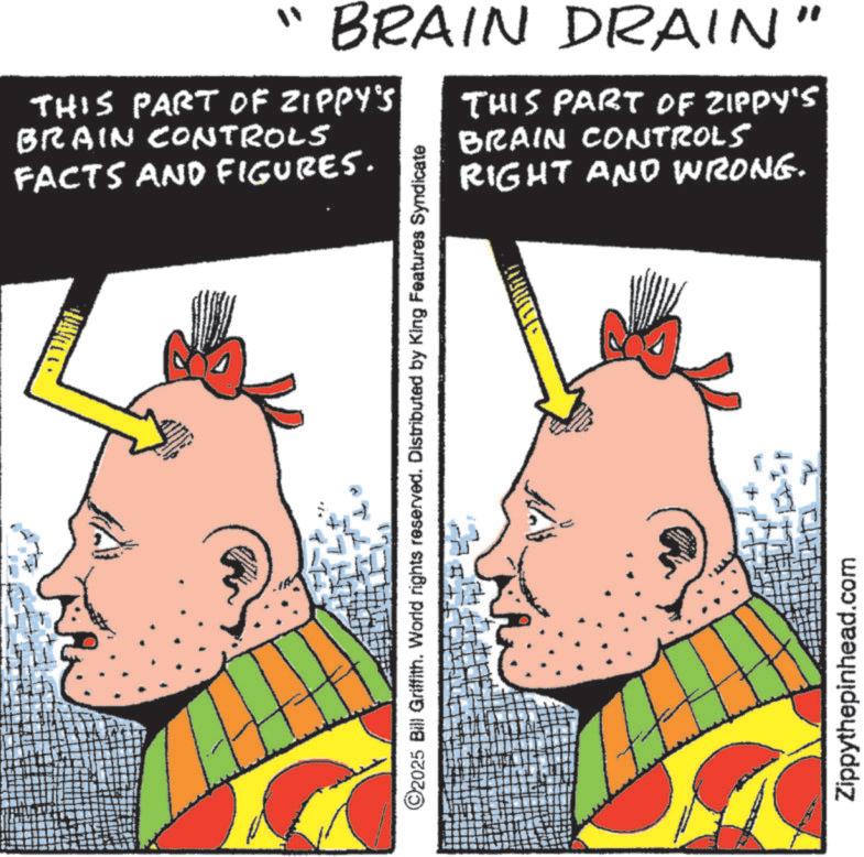 Fiction OCR: ?? BRAIN DRAIN" THIS PART OF ZIPPY'S BRAIN COntrols FACTS AND FIGURES. THIS PART OF ZIPPY'S BRAIN CONTROLS RIGHT AND WRONG. ©2025 Bill Griffith. World rights reserved. Distributed by King Features Syndicate N Zippythepinhead.com ? ? BRAIN DRAIN " THIS PART OF ZIPPY'S BRAIN COntrols FACTS AND FIGURES . THIS PART OF ZIPPY'S BRAIN CONTROLS RIGHT AND WRONG . © 2025 Bill Griffith . World rights reserved . Distributed by King Features Syndicate N Zippythepinhead.com