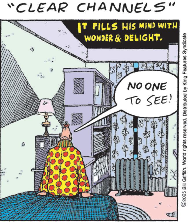 Comic book OCR: "CLEAR CHANNELS" IT FILLS HIS MIND WITH WONDER & DELIGHT. >>> 23 ?? NO ONE TO SEE! ©2025 Bill Griffith. World rights reserved. Distributed by King Features Syndicate " CLEAR CHANNELS " IT FILLS HIS MIND WITH WONDER & DELIGHT . >>> 23 ?? NO ONE TO SEE ! © 2025 Bill Griffith . World rights reserved . Distributed by King Features Syndicate