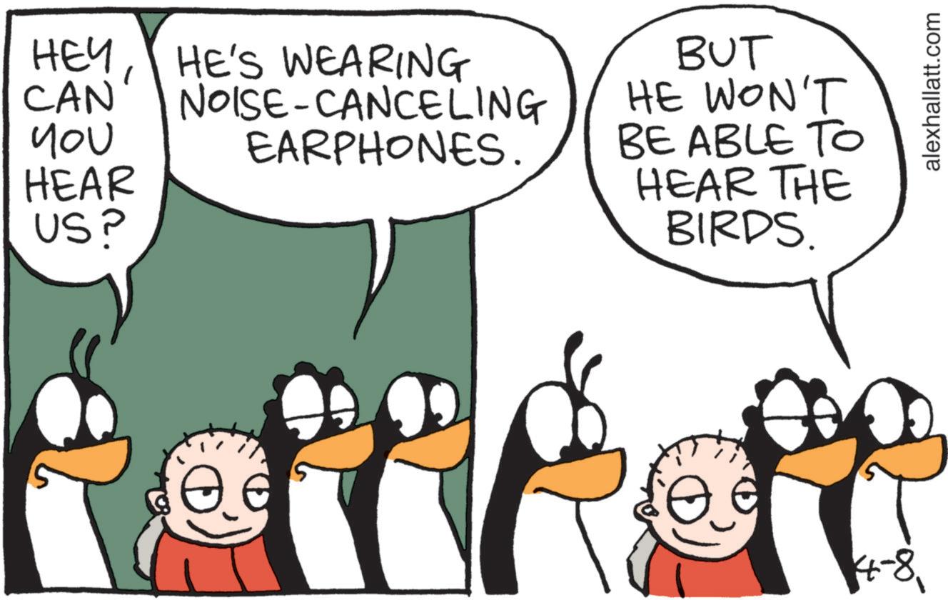 Comics OCR: ??? CAN You HEAR US? HE'S WEARING NOISE-CANCELING EARPHONES. BUT HE WON'T BE ABLE TO HEAR THE BIRDS. 14-8alexhallatt.com ??? CAN You HEAR US ? HE'S WEARING NOISE - CANCELING EARPHONES . BUT HE WON'T BE ABLE TO HEAR THE BIRDS . 14-8