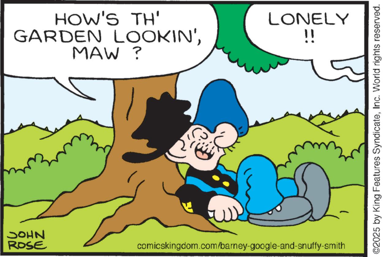 Publication OCR: JOHN ROSE HOW'S TH' GARDEN LOOKIN'MAW? LONELY !! comicskingdom.com/barney-google-and-snuffy-smith ©2025 by King Features SyndicateInc. World rights reserved. JOHN ROSE HOW'S TH ' GARDEN LOOKIN 'MAW ? LONELY !! comicskingdom.com/barney-google-and-snuffy-smith © 2025 by King Features SyndicateInc. World rights reserved .