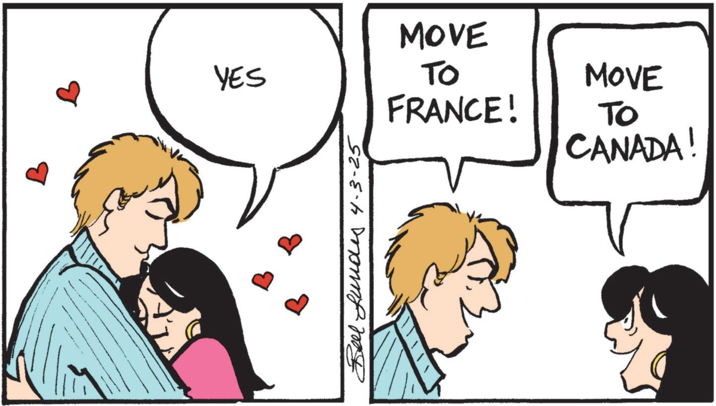 Graphics OCR: YES Bell fundes 4-3-25 MOVE TO FRANCE! MOVE To CANADA! YES Bell fundes 4-3-25 MOVE TO FRANCE ! MOVE To CANADA !