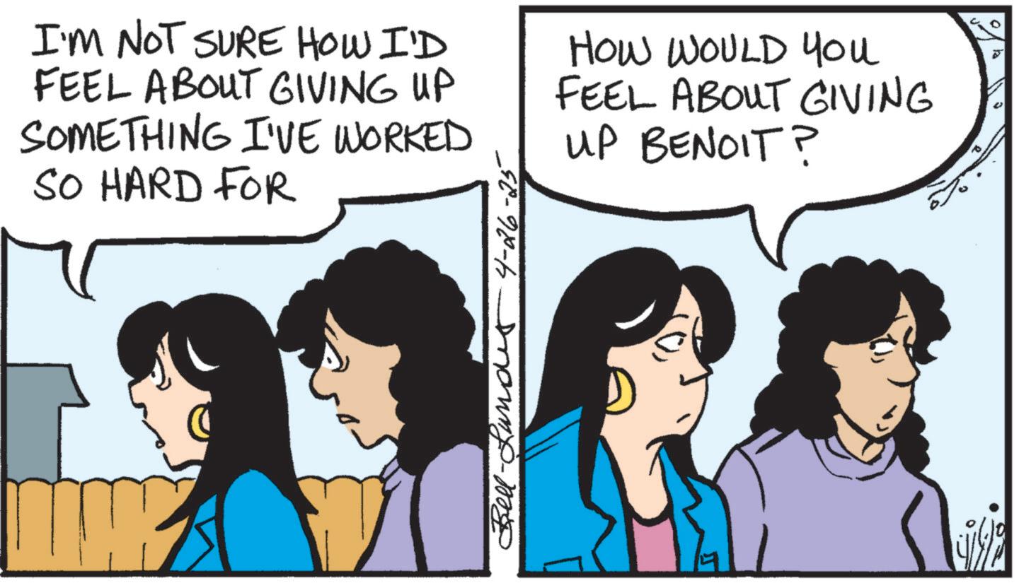 Animated cartoon OCR: I'M NOT SURE HOW I'D FEEL ABOUT GIVING UP SOMETHING I'VE WORKED SO HARD FOR HOW WOULD You FEEL ABOUT GIVING UP BENOIT? Bell-Landes 4-26-25 I'M NOT SURE HOW I'D FEEL ABOUT GIVING UP SOMETHING I'VE WORKED SO HARD FOR HOW WOULD You FEEL ABOUT GIVING UP BENOIT ? Bell - Landes 4-26-25