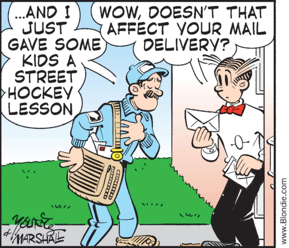 Line art OCR: d Yourite MARSHAL STREET HOCKEY LESSON ...AND I JUST GAVE SOME WOWDOESN'T THAT AFFECT YOUR MAIL DELIVERY? KIDS A D www.Blondie.com d Yourite MARSHAL STREET HOCKEY LESSON ... AND I JUST GAVE SOME WOWDOESN'T THAT AFFECT YOUR MAIL DELIVERY ? KIDS A D www.Blondie.com