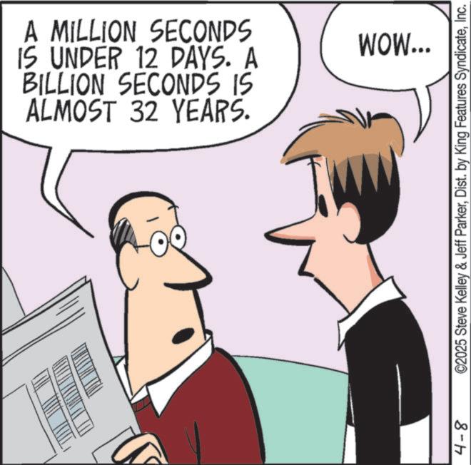 Photo caption OCR: A MILLION SECONDS IS UNDER 12 DAYS. A BILLION SECONDS IS ALMOST 32 YEARS. WOW... ©2025 Steve Kelley & Jeff ParkerInc. 8-17 A MILLION SECONDS IS UNDER 12 DAYS . A BILLION SECONDS IS ALMOST 32 YEARS . WOW ... © 2025 Steve Kelley & Jeff ParkerDist . by King Features SyndicateInc. 8-17