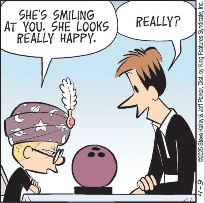 Photo caption OCR: REALLY HAPPY. AT YOU. SHE LOOKS SHE'S SMILING 4-9 REALLY? ©2025 Steve Kelley & Jeff ParkerInc. REALLY HAPPY . AT YOU . SHE LOOKS SHE'S SMILING 4-9 REALLY ? © 2025 Steve Kelley & Jeff ParkerDist . by King Features Syndicate