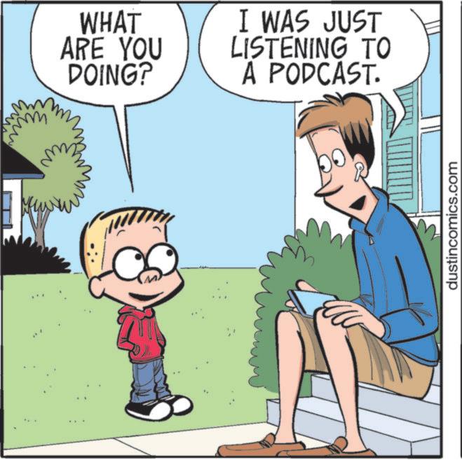 Animated cartoon OCR: WHAT ARE YOU DOING? I WAS JUST LISTENING TO A PODCAST. dustincomics.com WHAT ARE YOU DOING ? I WAS JUST LISTENING TO A PODCAST . dustincomics.com