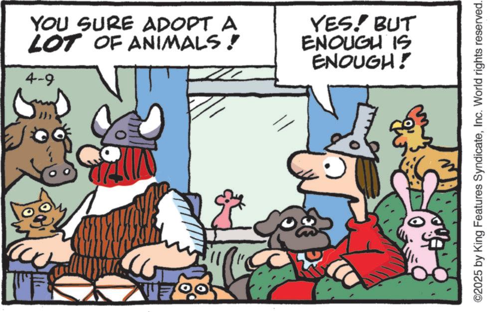 Pack animal OCR: YOU SURE ADOPT A LOT OF ANIMALS! 4-9 YESBUT ENOUGH IS ENOUGH! ©2025 by King Features SyndicateInc. World rights reserved. YOU SURE ADOPT A LOT OF ANIMALS ! 4-9 YESBUT ENOUGH IS ENOUGH ! © 2025 by King Features SyndicateInc. World rights reserved .