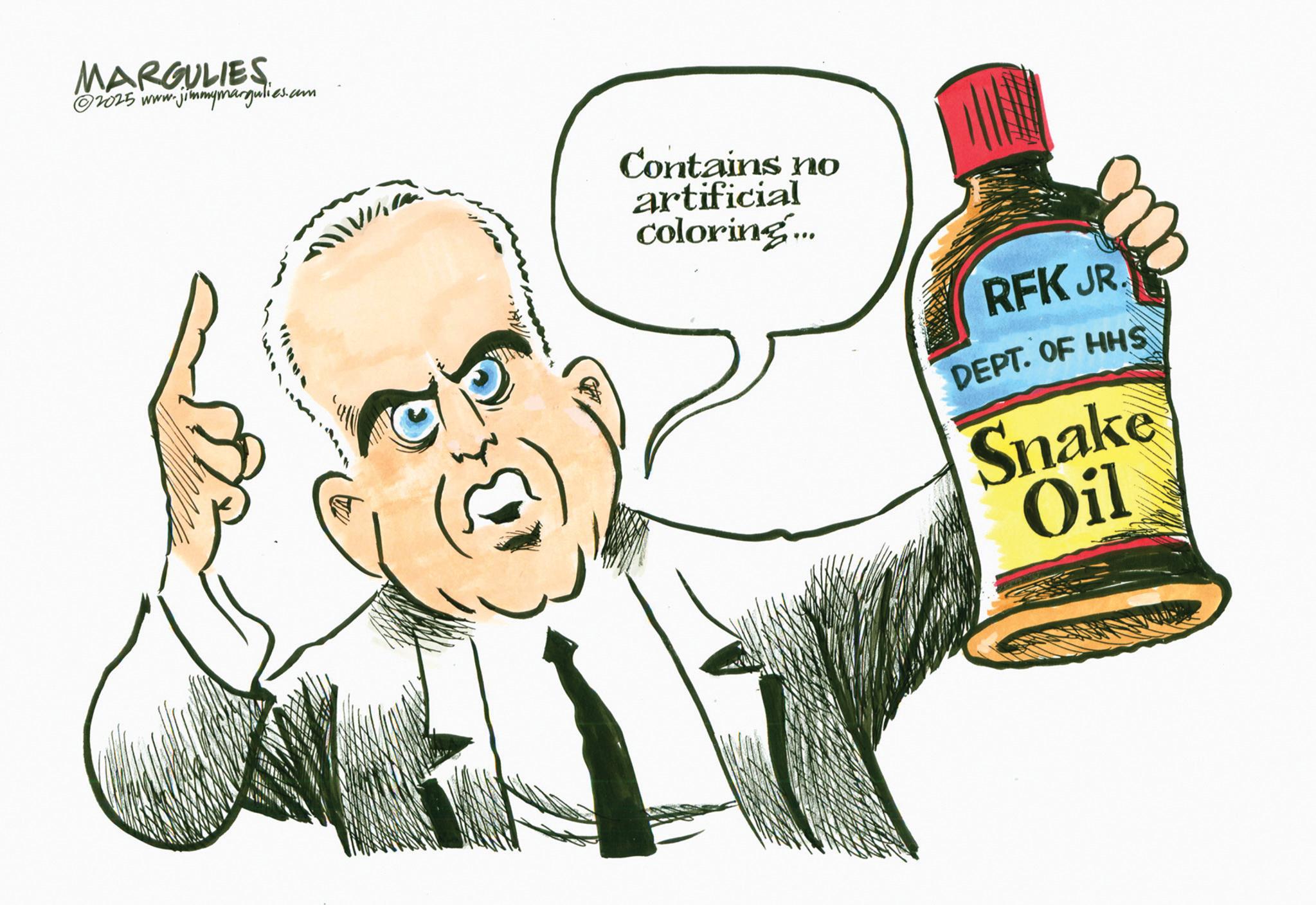 Photo caption OCR: MARGULIES 2025 www.jimmymargulies.com Contains no artificial coloring... RFK JR. DEPT. OF HHS Snake Oil MARGULIES 2025 www.jimmymargulies.com Contains no artificial coloring ... RFK JR . DEPT . OF HHS Snake Oil