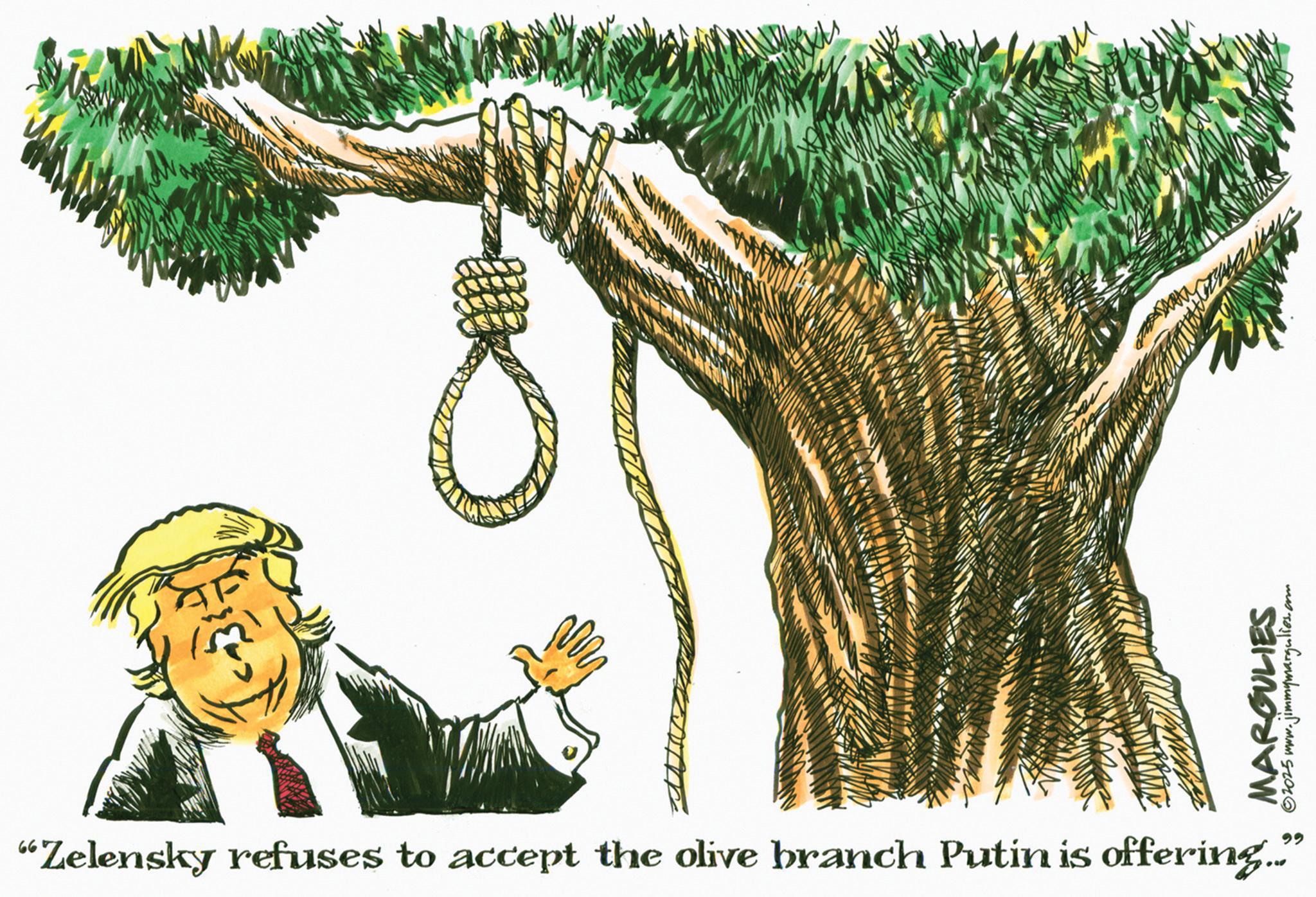 Clip art OCR: “Zelensky refuses to accept the olive branch Putin is offering." SULIES 02025 www.jimmymargulies.com “ Zelensky refuses to accept the olive branch Putin is offering . " SULIES 02025 www.jimmymargulies.com