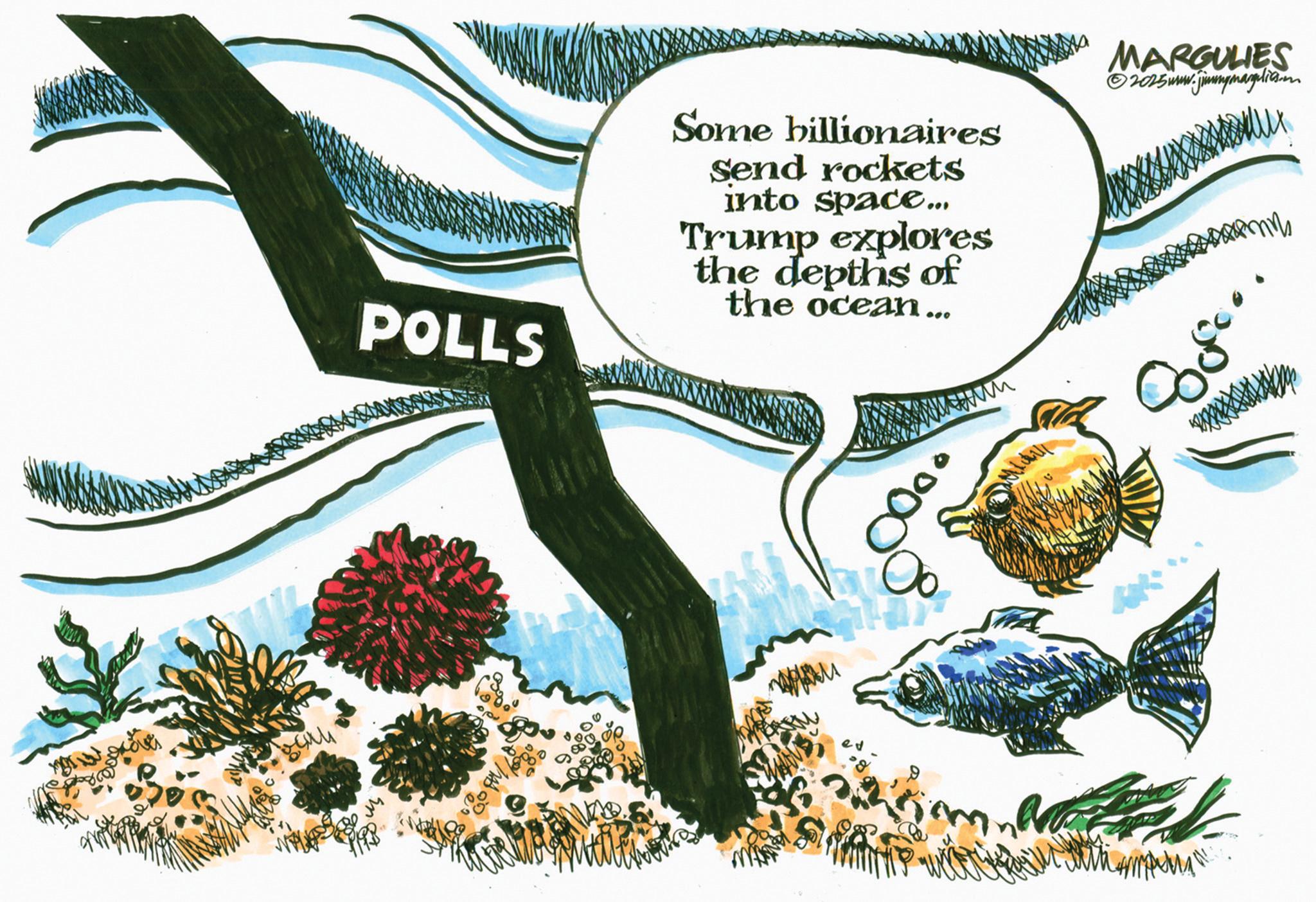 Graphic design OCR: MARGULIES ©2025www.jimmymaglion POLLS Some billionaires Send rockets into space... Trump explores the depths of the ocean... www dill had. MARGULIES © 2025www.jimmymaglion POLLS Some billionaires Send rockets into space ... Trump explores the depths of the ocean ... www dill had .