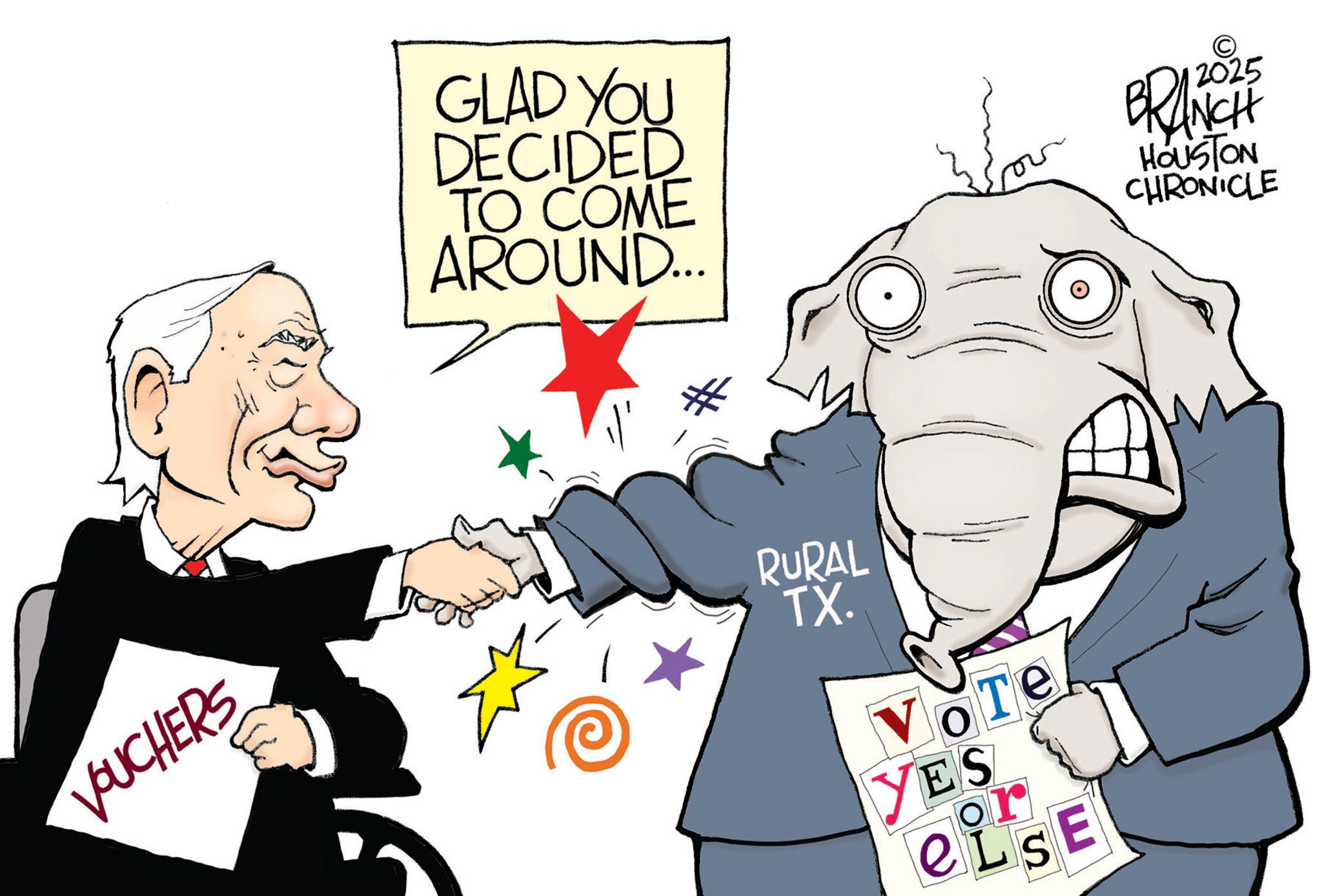 Photo caption OCR: VOUCHERS GLAD YOU DECIDED TO COME AROUND... 2025 BRANCH HOUSTON CHRONICLE RURAL TX. Te VOTE YES or LSE VOUCHERS GLAD YOU DECIDED TO COME AROUND ... 2025 BRANCH HOUSTON CHRONICLE RURAL TX . Te VOTE YES or LSE
