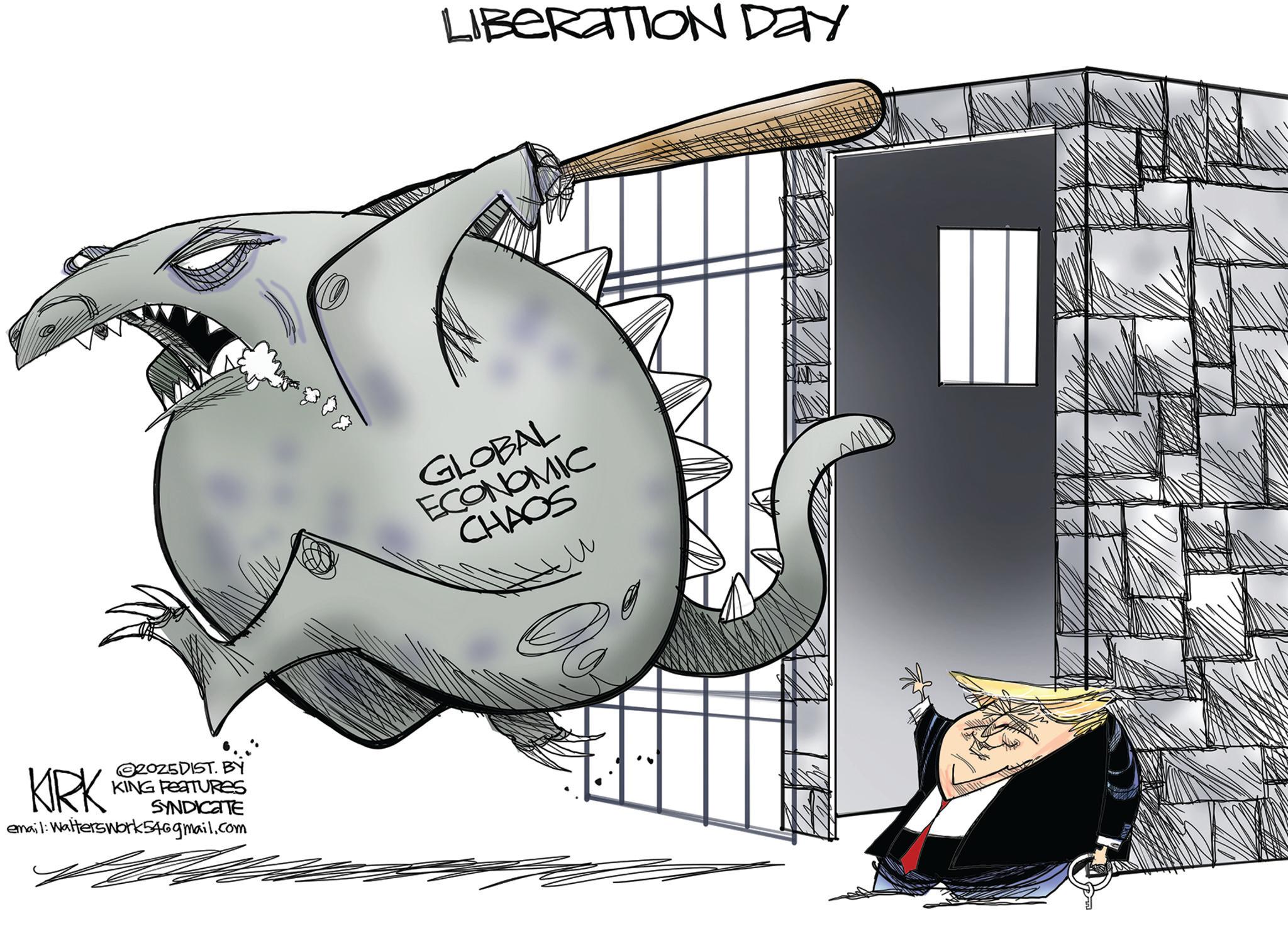 Fictional character OCR: KRK 2025DIST. BY KING FEATURES SYNDICATE email: WaltersWork546gmail.com LIBERATION DAY GLOBAL ECONOMIC CHAOS KRK 2025DIST . BY KING FEATURES SYNDICATE email : WaltersWork546gmail.com LIBERATION DAY GLOBAL ECONOMIC CHAOS