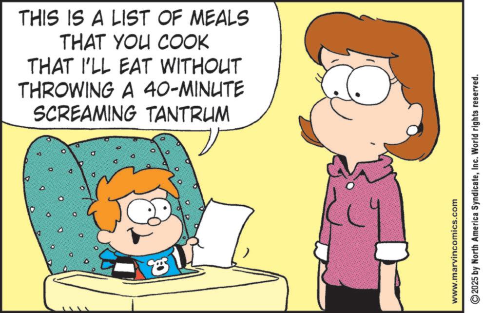 Comic book OCR: THIS IS A LIST OF MEALS THAT YOU COOK THAT I'LL EAT WITHOUT THROWING A 40-MINUTE SCREAMING TANTRUM A J www.marvincomics.com 2025 by North America SyndicateInc. World rights reserved. THIS IS A LIST OF MEALS THAT YOU COOK THAT I'LL EAT WITHOUT THROWING A 40 - MINUTE SCREAMING TANTRUM A J www.marvincomics.com 2025 by North America SyndicateInc. World rights reserved .