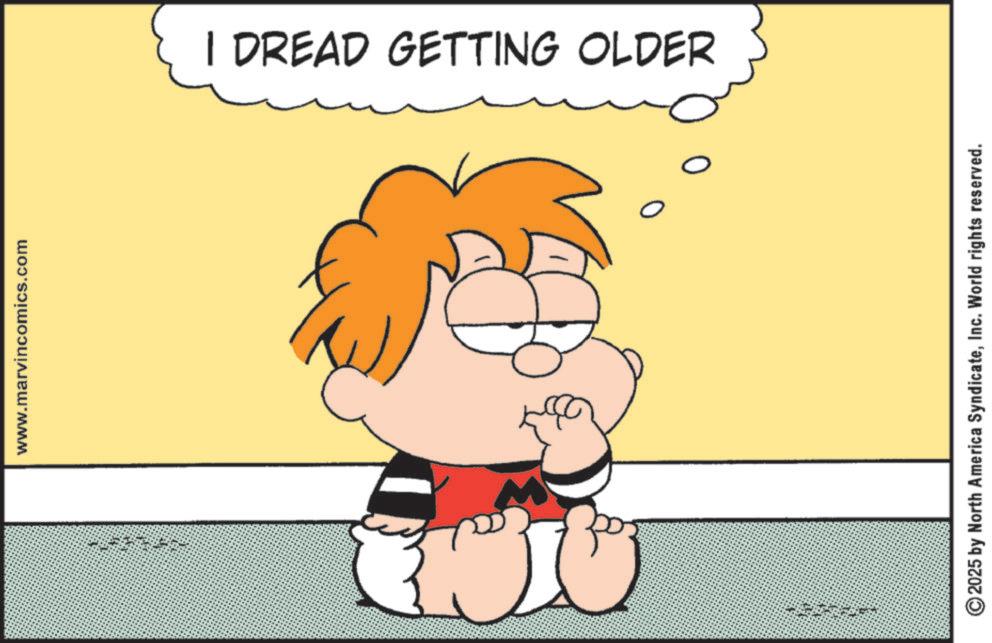 Clip art OCR: www.marvincomics.com I DREAD GETTING OLDER 0 0 ©2025 by North America SyndicateInc. World rights reserved. www.marvincomics.com I DREAD GETTING OLDER 0 0 © 2025 by North America SyndicateInc. World rights reserved .