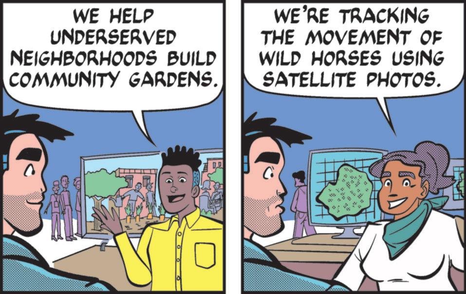 Animated cartoon OCR: WE HELP UNDERSERVED NEIGHBORHOODS BUILD COMMUNITY GARDENS. WE'RE TRACKING THE MOVEMENT OF WILD HORSES USING SATELLITE PHOTOS. WE HELP UNDERSERVED NEIGHBORHOODS BUILD COMMUNITY GARDENS . WE'RE TRACKING THE MOVEMENT OF WILD HORSES USING SATELLITE PHOTOS .