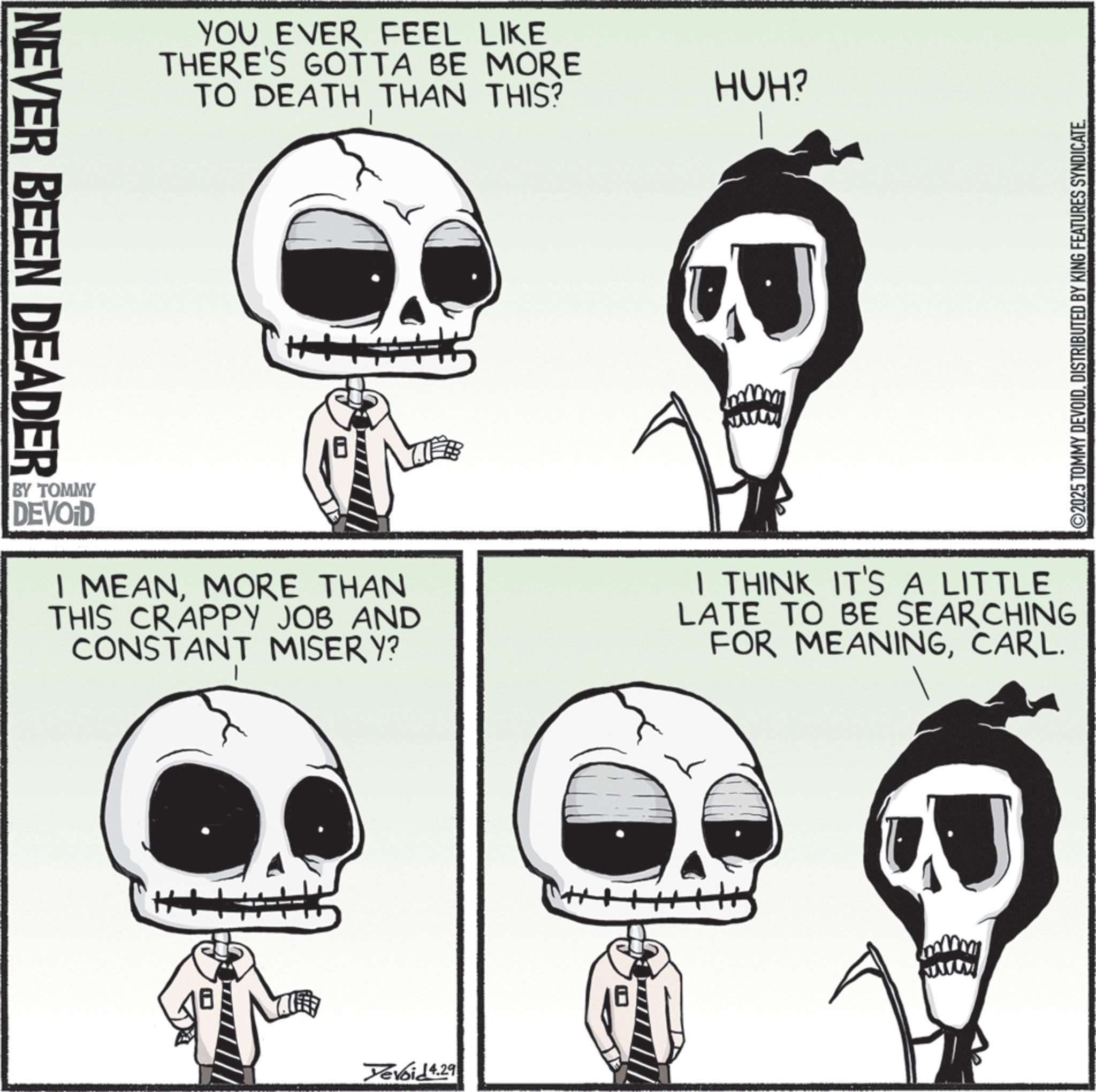 Graphics OCR: NEVER BEEN DEADER YOU EVER FEEL LIKE THERE'S GOTTA BE MORE TO DEATH THAN THIS? HUH? BY TOMMY DEVOID I MEANMORE THAN THIS CRAPPY JOB AND CONSTANT MISERY? I THINK IT'S A LITTLE LATE TO BE SEARCHING FOR MEANINGCARL. Yevoid 4.29 ©2025 TOMMY DEVOIDDISTRIBUTED BY KING FEATURES SYNDICATE. NEVER BEEN DEADER YOU EVER FEEL LIKE THERE'S GOTTA BE MORE TO DEATH THAN THIS ? HUH ? BY TOMMY DEVOID I MEANMORE THAN THIS CRAPPY JOB AND CONSTANT MISERY ? I THINK IT'S A LITTLE LATE TO BE SEARCHING FOR MEANINGCARL . Yevoid 4.29 © 2025 TOMMY DEVOIDDISTRIBUTED BY KING FEATURES SYNDICATE .