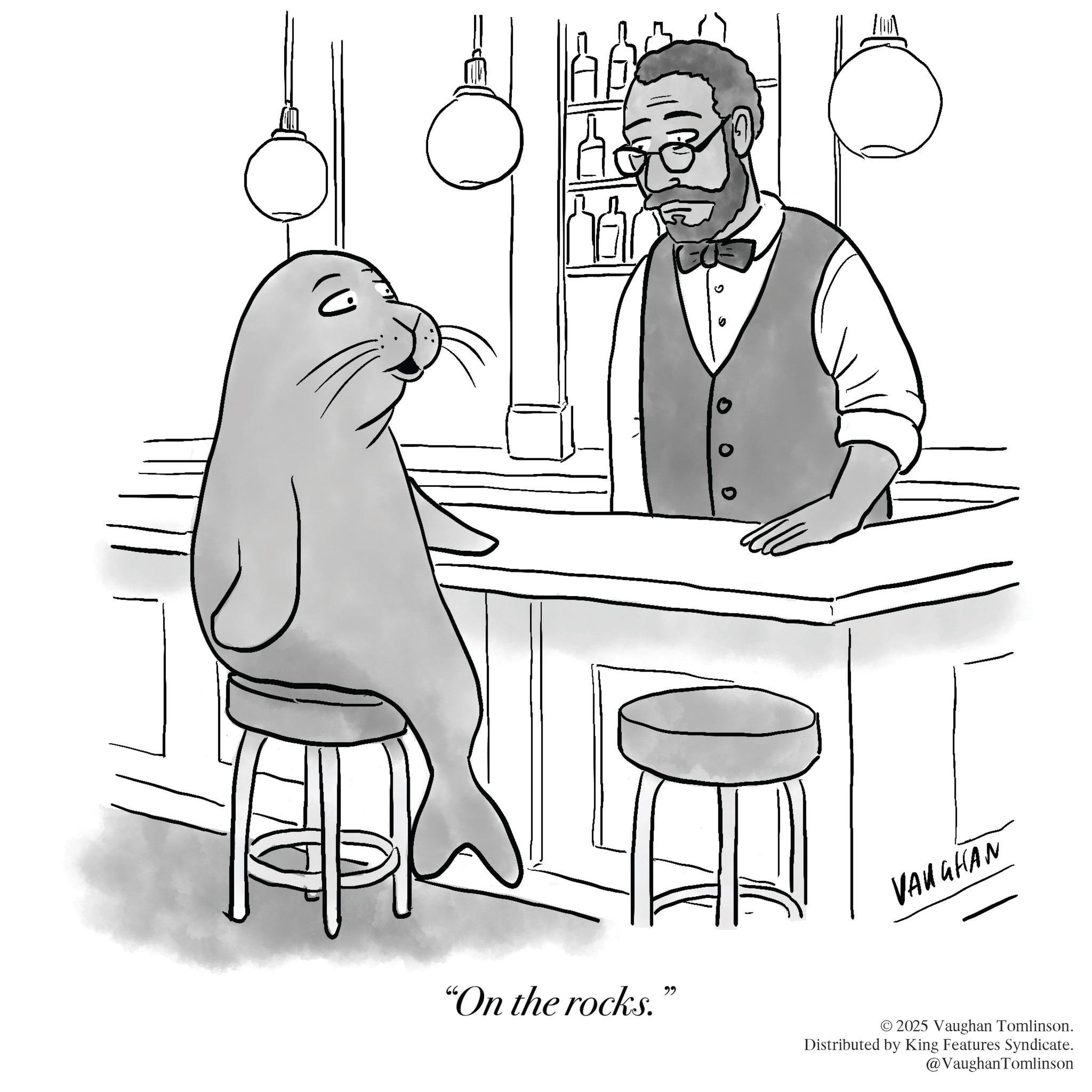 Animation OCR: "On the rocks. " ? VAUGHAN © 2025 Vaughan Tomlinson. Distributed by King Features Syndicate. @VaughanTomlinson " On the rocks . " ? VAUGHAN © 2025 Vaughan Tomlinson . Distributed by King Features Syndicate . @VaughanTomlinson