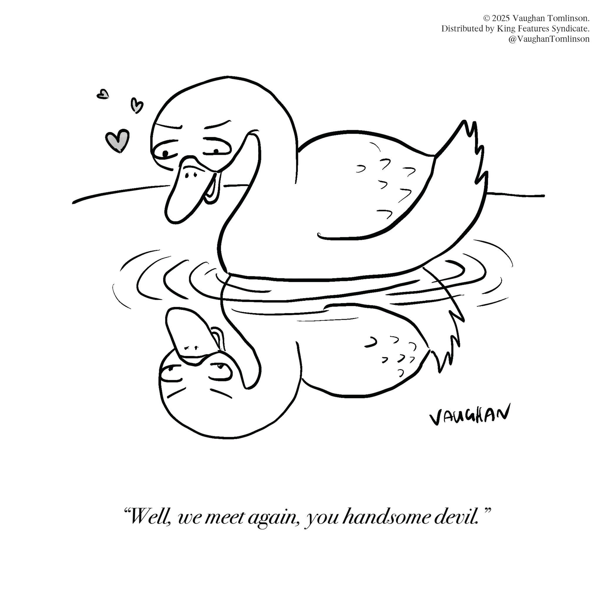 Sketch OCR: ? ? > 2 VAUGHAN "Wellyou handsome devil." © 2025 Vaughan Tomlinson. Distributed by King Features Syndicate. @VaughanTomlinson ? ? > 2 VAUGHAN " Wellwe meet againyou handsome devil . " © 2025 Vaughan Tomlinson . Distributed by King Features Syndicate . @VaughanTomlinson