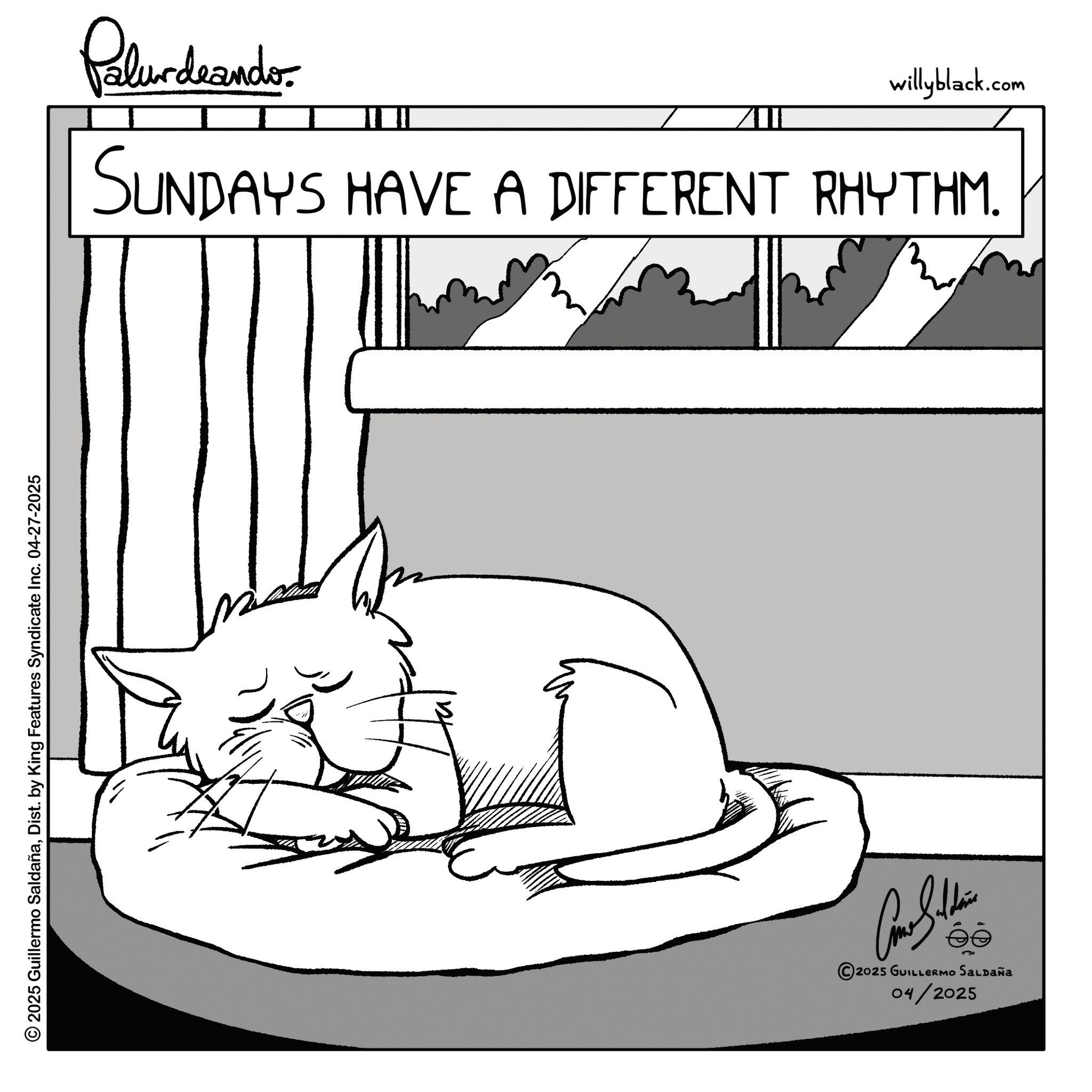 Terrestrial animal OCR: © 2025 Guillermo SaldañaDist. by King Features Syndicate Inc. 04-27-2025 Palurdeando willyblack.com SUNDAYS HAVE A DIFFERENT RHYTHM. ©2025 GUILLERMO SALDAÑA 04/2025 © 2025 Guillermo SaldañaDist . by King Features Syndicate Inc. 04-27-2025 Palurdeando willyblack.com SUNDAYS HAVE A DIFFERENT RHYTHM . © 2025 GUILLERMO SALDAÑA 04/2025