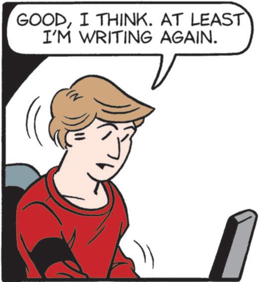 Fiction OCR: GOODI THINK. AT LEAST I'M WRITING AGAIN. GOODI THINK . AT LEAST I'M WRITING AGAIN .
